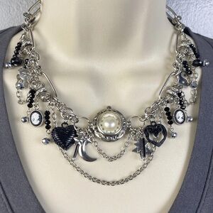 Whimisgoth Necklace Collar Witchy Moon Stars Black Silvertone 14" to 18.5"